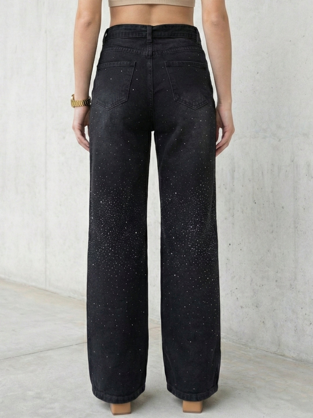 Women’s black crystal wide-leg jeans by DELAN
