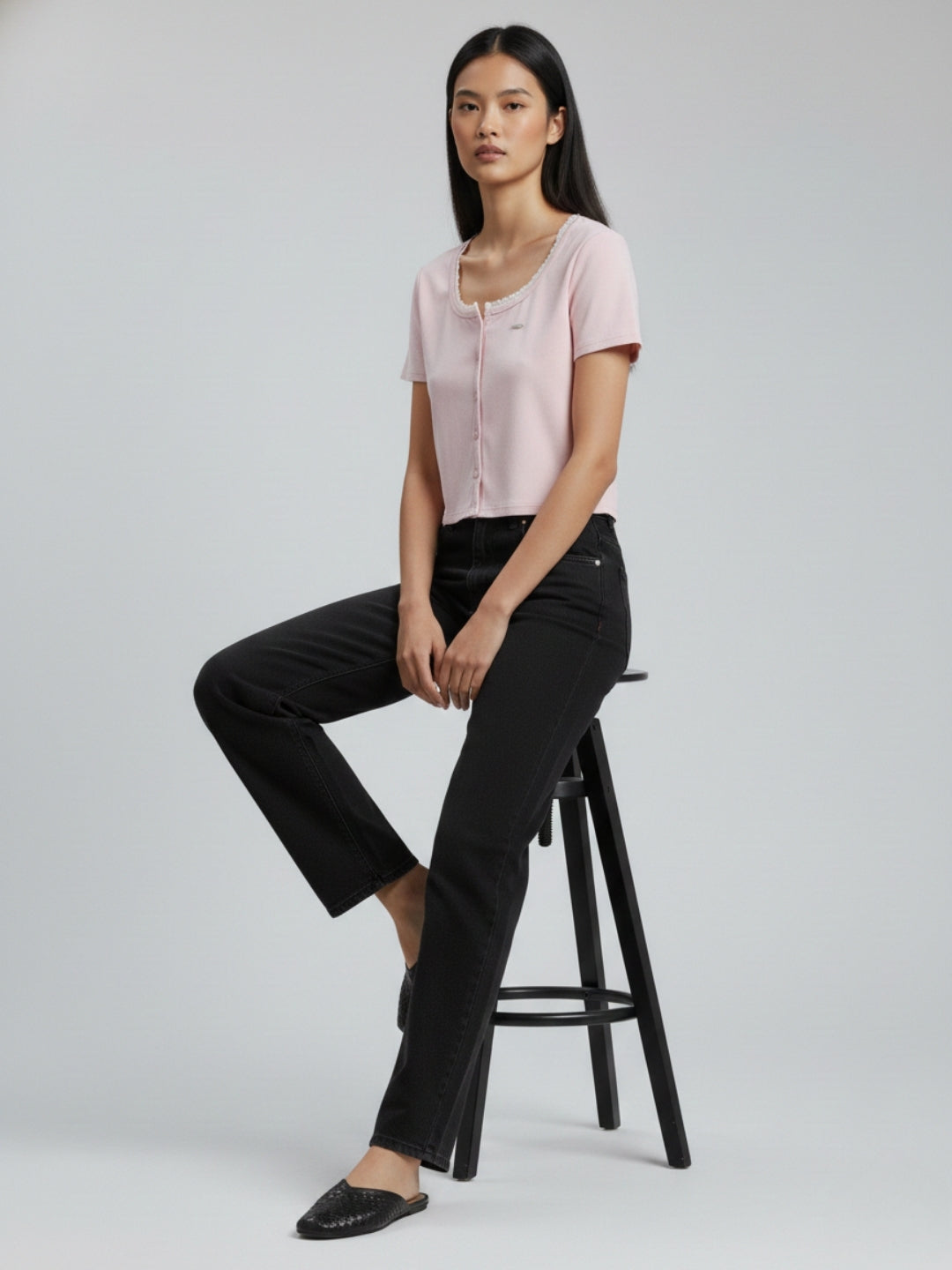 Women Pink Crop Top with Lace Trim Square Neck