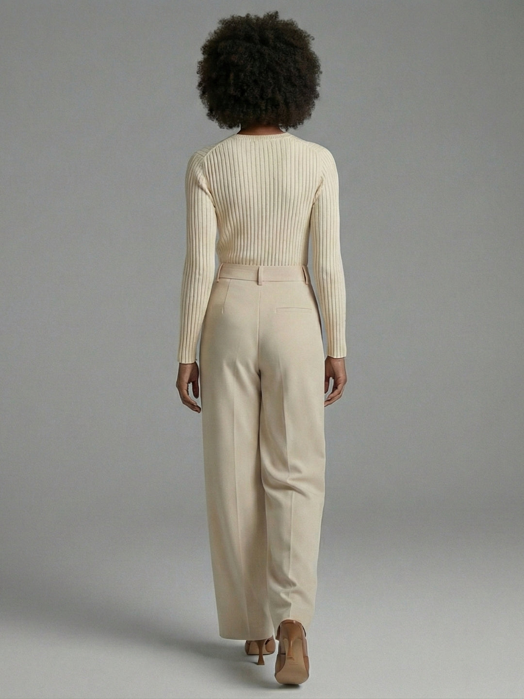 Women’s Beige High-Rise Korean Wide-Leg Trousers