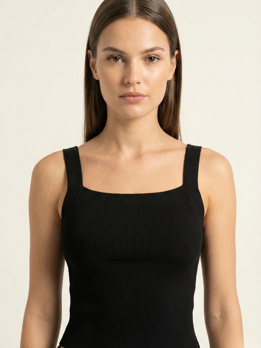 Women Black Ribbed Fitted Crop Top
