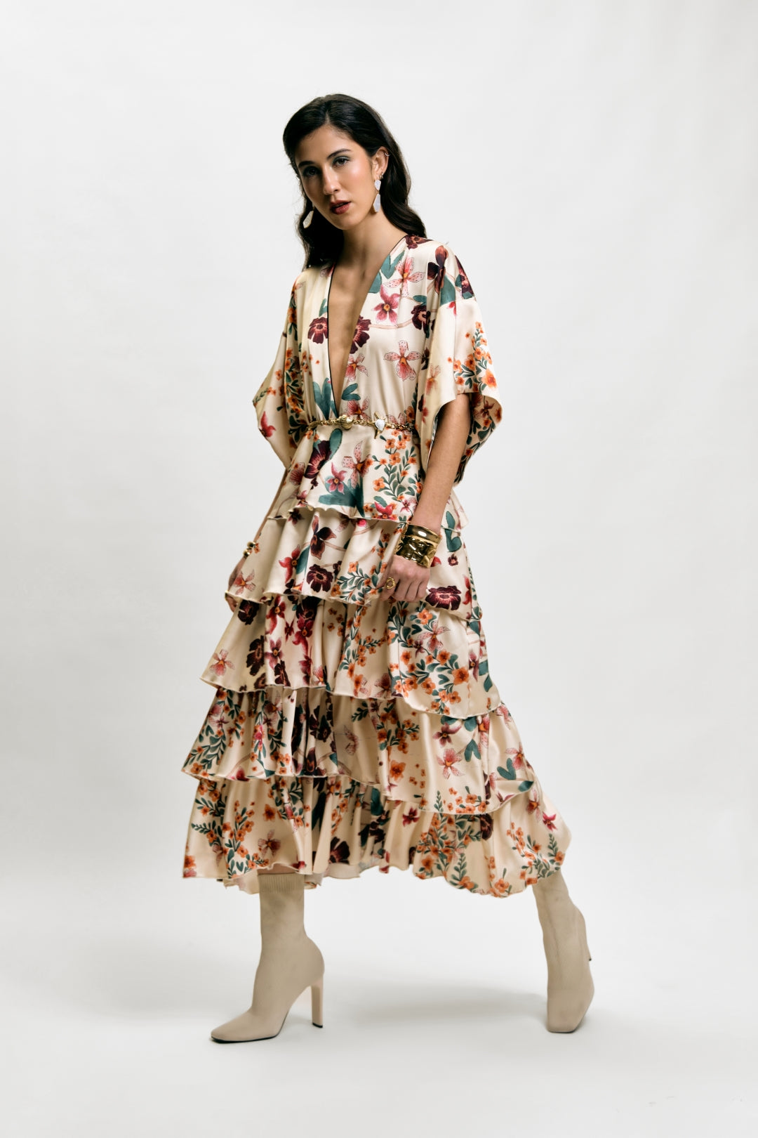 Elegant floral midi tier dress for women
