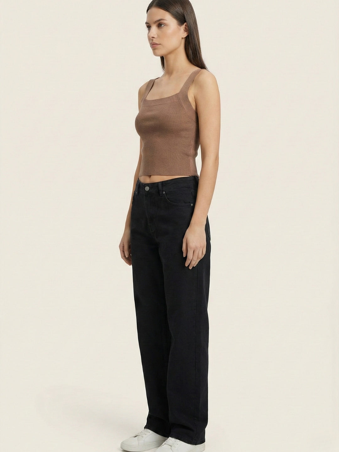 Women Camel Ribbed Crop Top