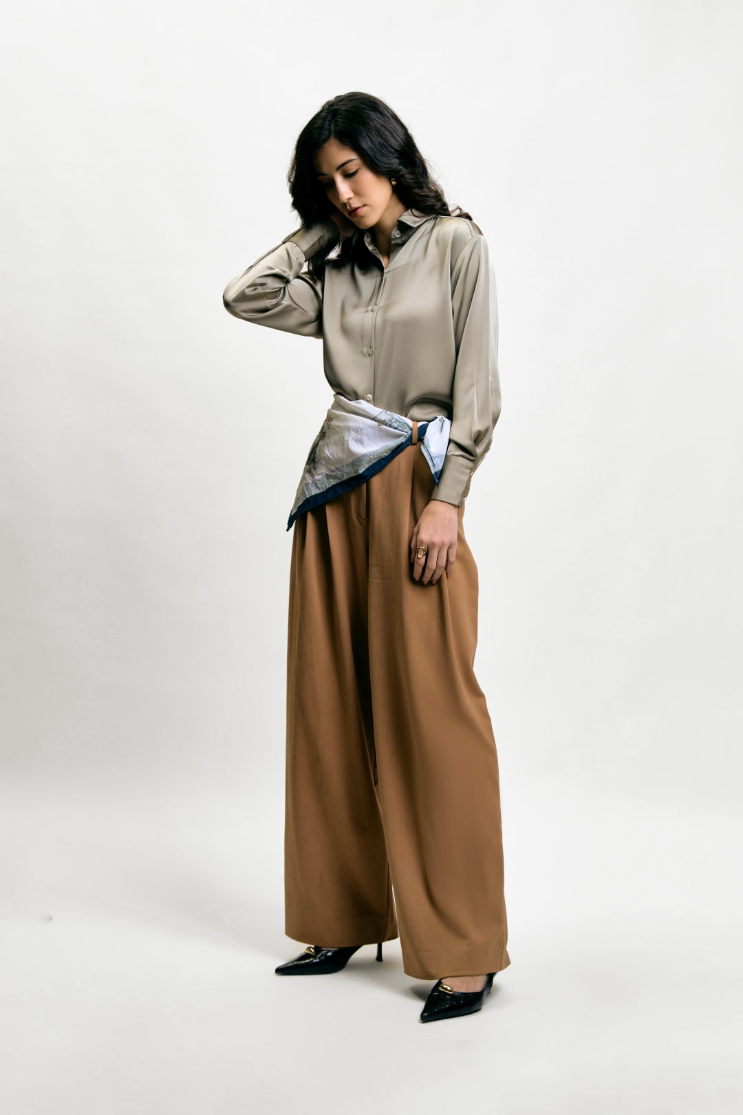 Oversized Muted Olive Satin Shirt
