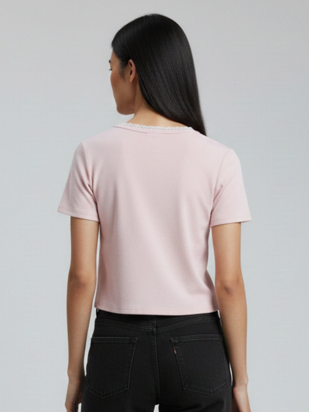 Women Pink Crop Top with Lace Trim Square Neck