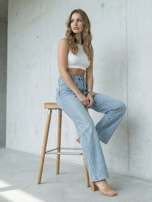 Light Blue Crystal Wide-Leg Denim Jeans by DELAN

