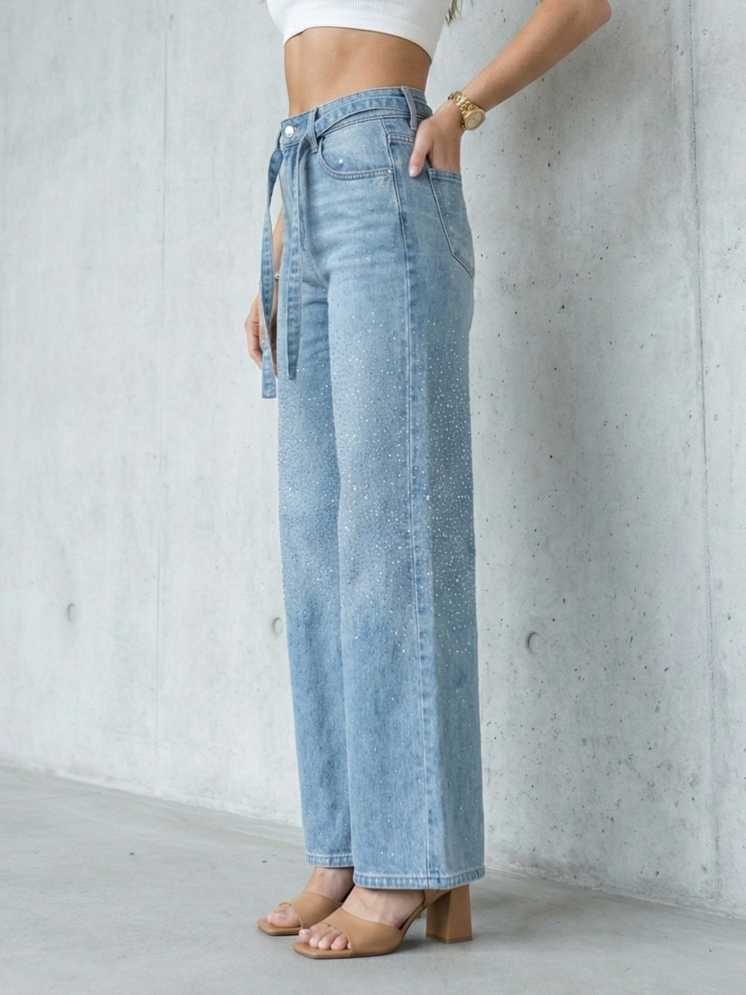 Stylish embellished wide-leg jeans for women
