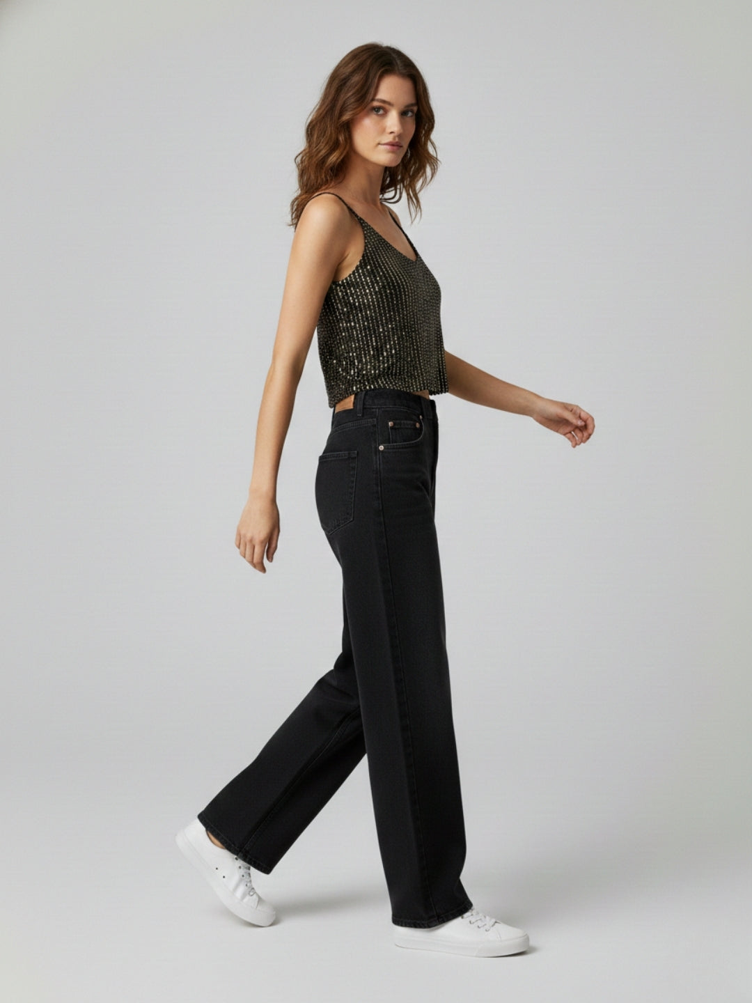 Women Black Sequin Smocked Cami Padded