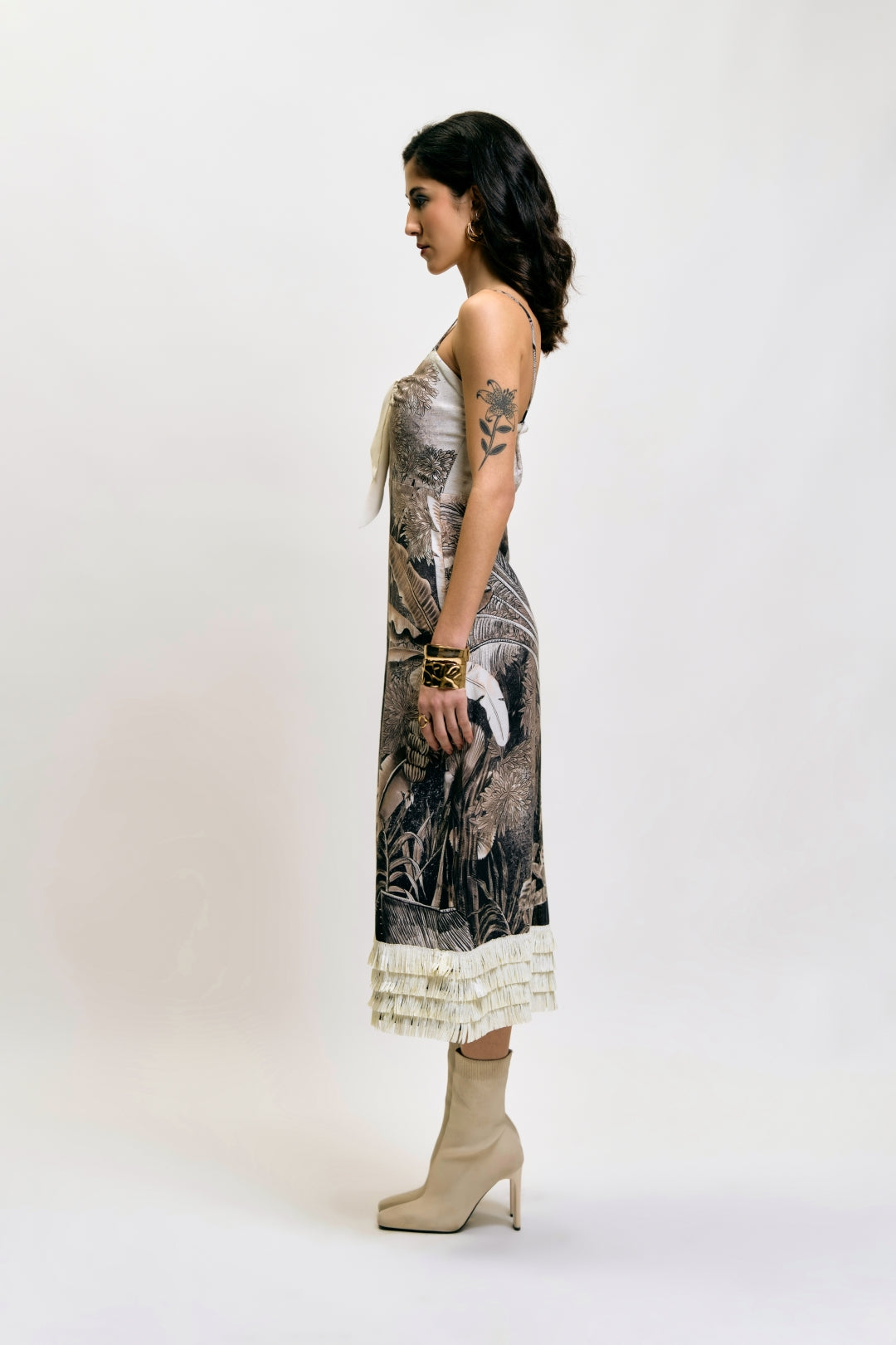 Afterlight Dress midi dress with botanical print and fringe hem