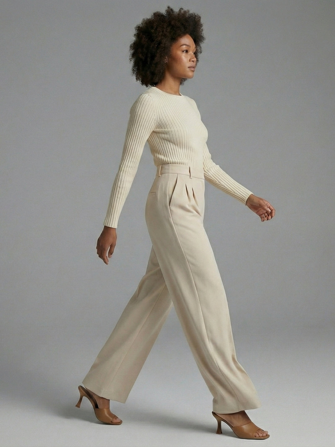 Women’s Beige High-Rise Korean Wide-Leg Trousers