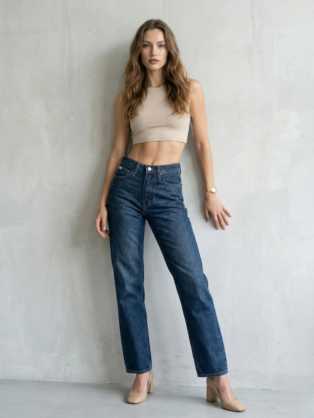 Dark Blue Mid-Wash Straight-Fit Jeans by DELAN
