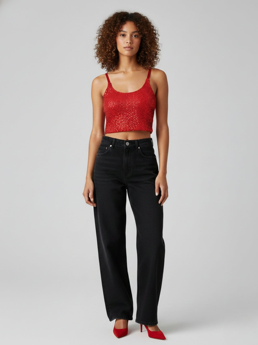 Red Sequin Smocked Cami Crop Top