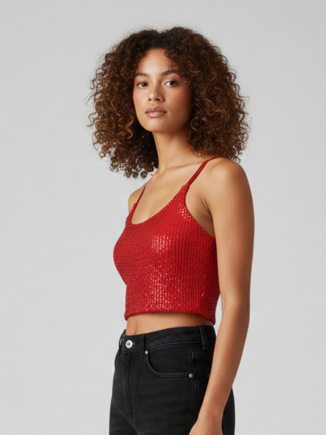 Red Sequin Smocked Cami Crop Top