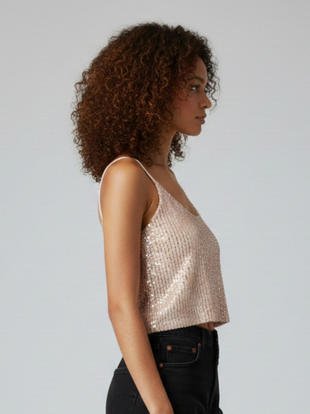 Women Cream Sequin Smocked Padded Crop Top