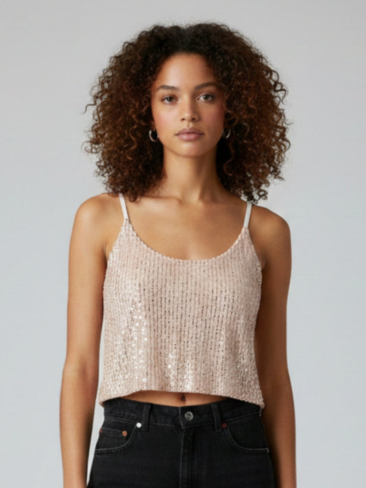 Women Cream Sequin Smocked Padded Crop Top