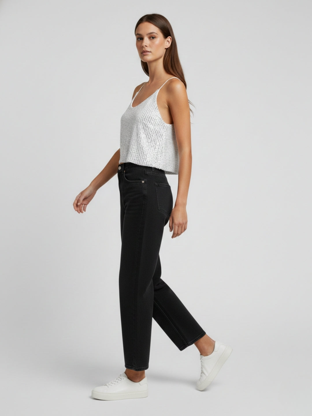 Women White Sequin Smocked Crop Top