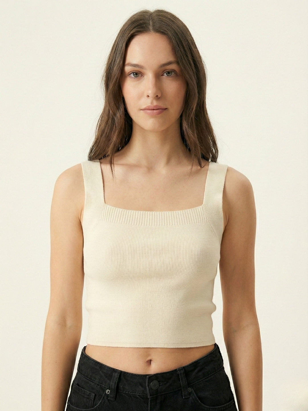 Women Cream Ribbed Crop Top