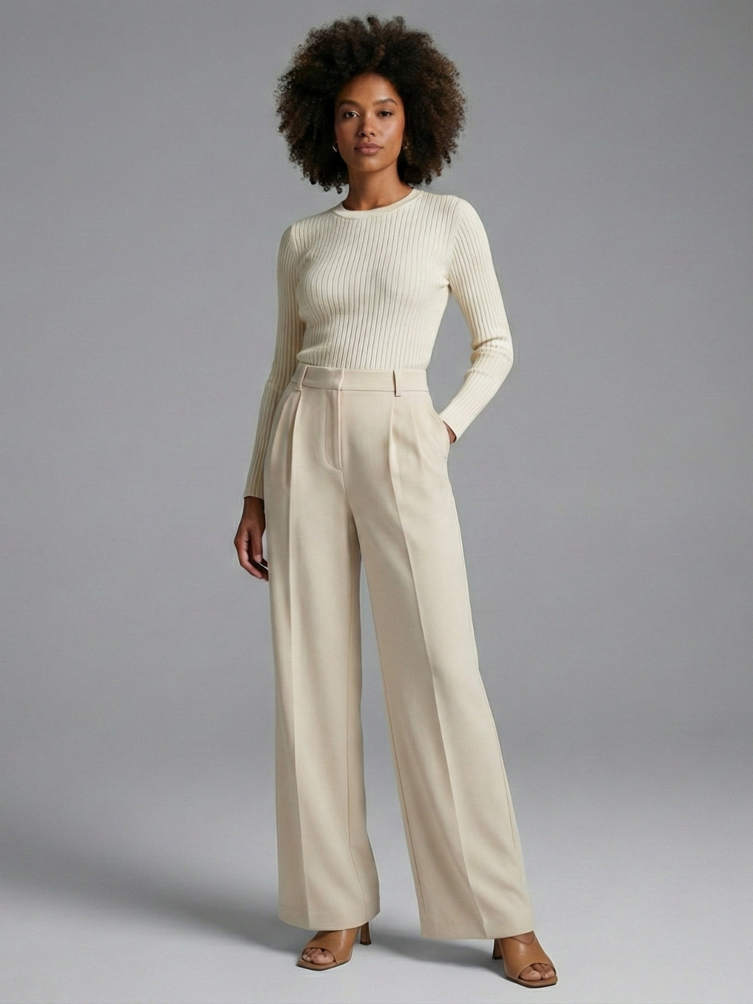 Women’s Beige High-Rise Korean Wide-Leg Trousers