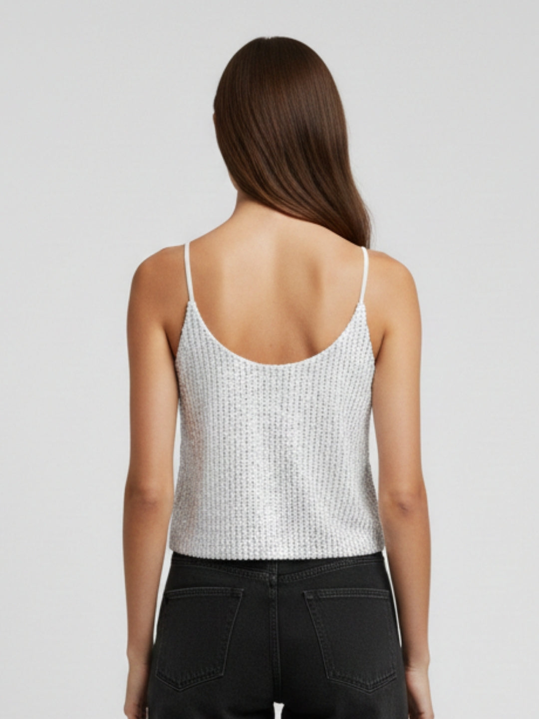 Women White Sequin Smocked Crop Top