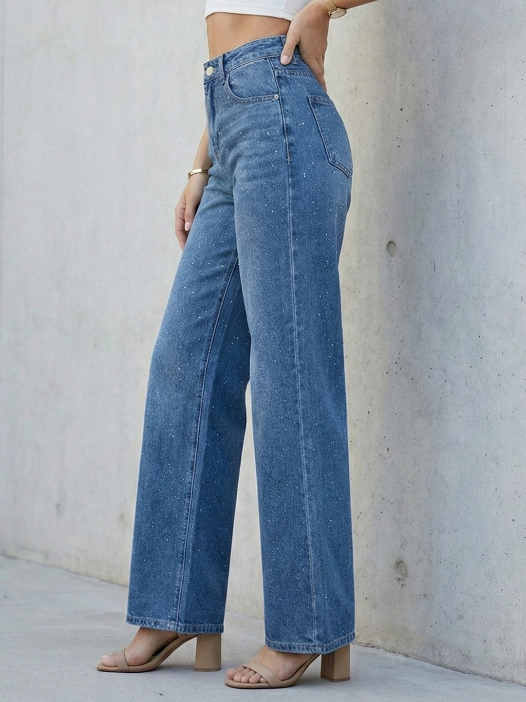 Premium mid blue wide-leg denim jeans for women
