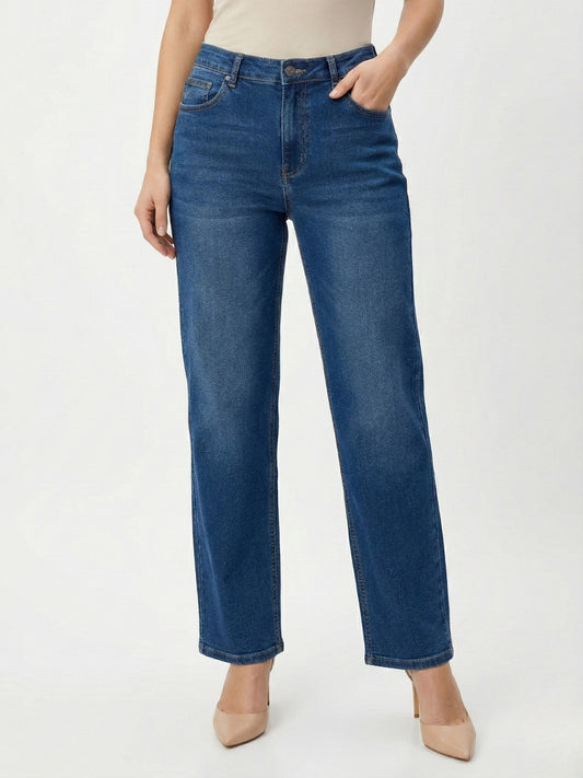 High-Rise Straight Fit Dark Blue Denim Jeans