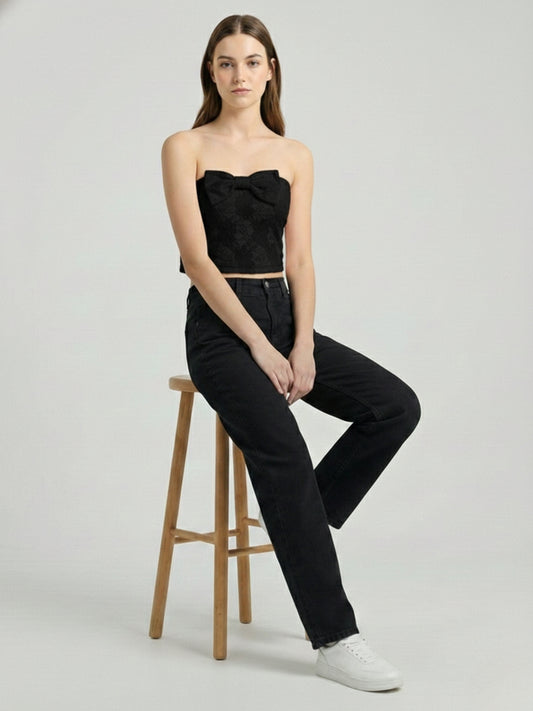 Black Floral Lace Padded Top with Side Bow Tie