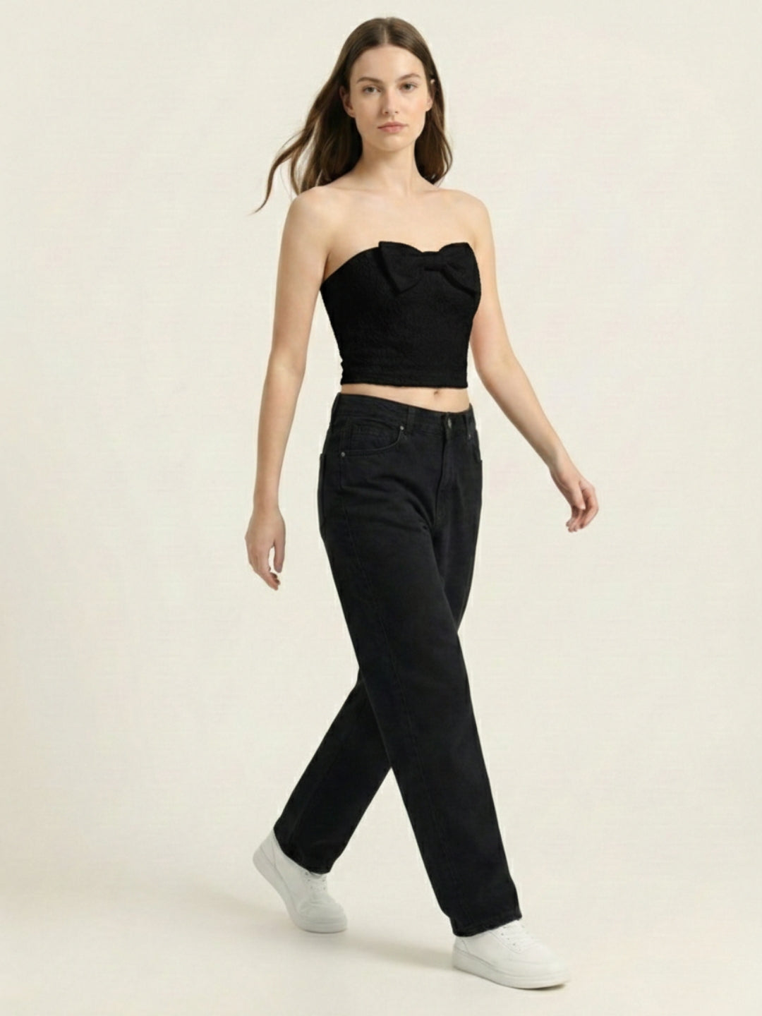 Black Floral Lace Padded Top with Side Bow Tie