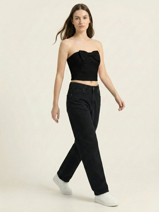 Black Floral Lace Padded Top with Side Bow Tie