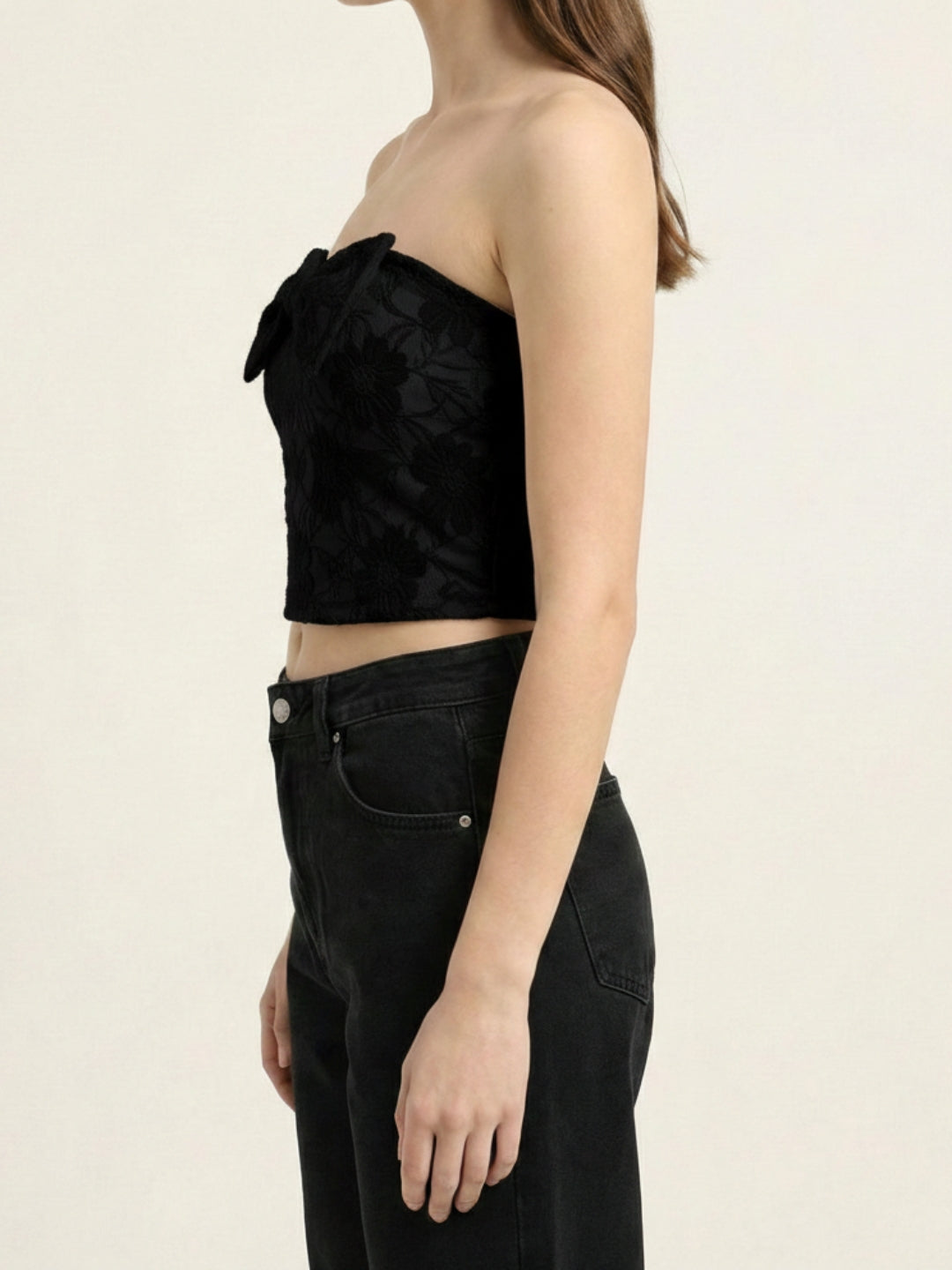 Black Floral Lace Padded Top with Side Bow Tie