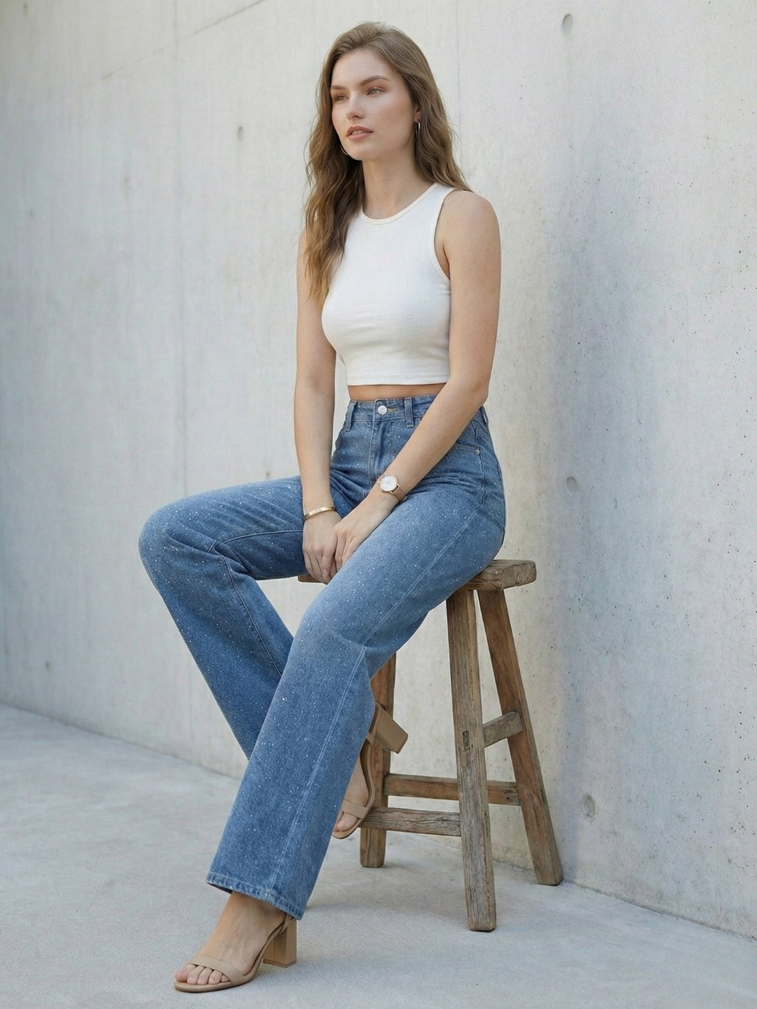 Women’s mid blue denim jeans with crystal detailing