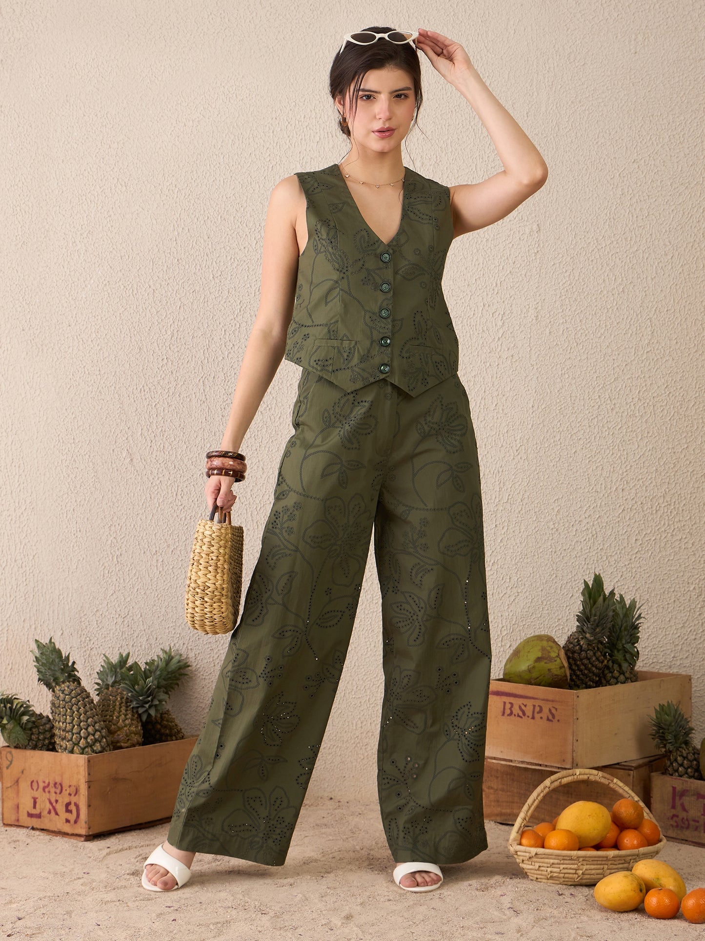 Olive Green Embroidered Waistcoat Trousers Co-ord Set for Women