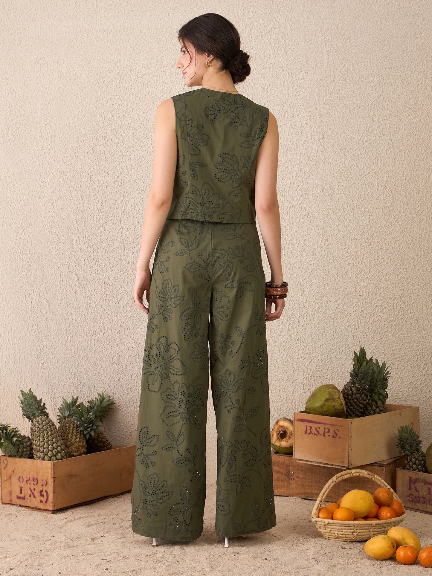 Olive Green Embroidered Waistcoat Trousers Co-ord Set for Women
