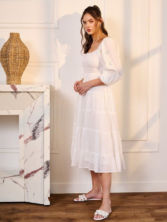 White Schiffli Fit & Flare Midi Dress