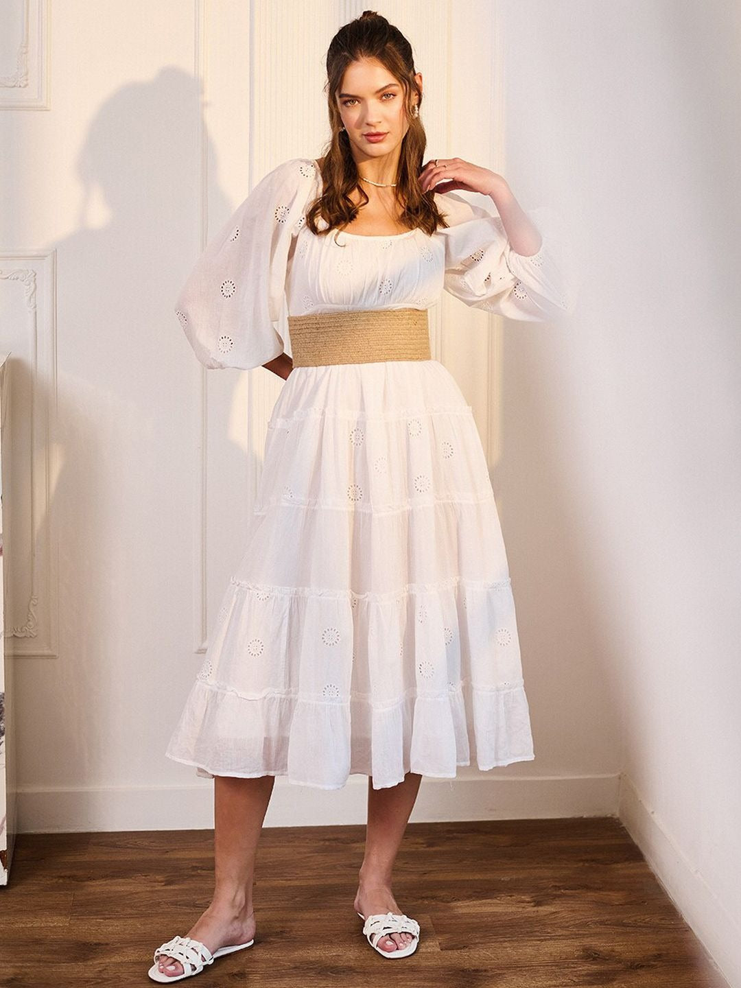 White Schiffli Fit & Flare Midi Dress