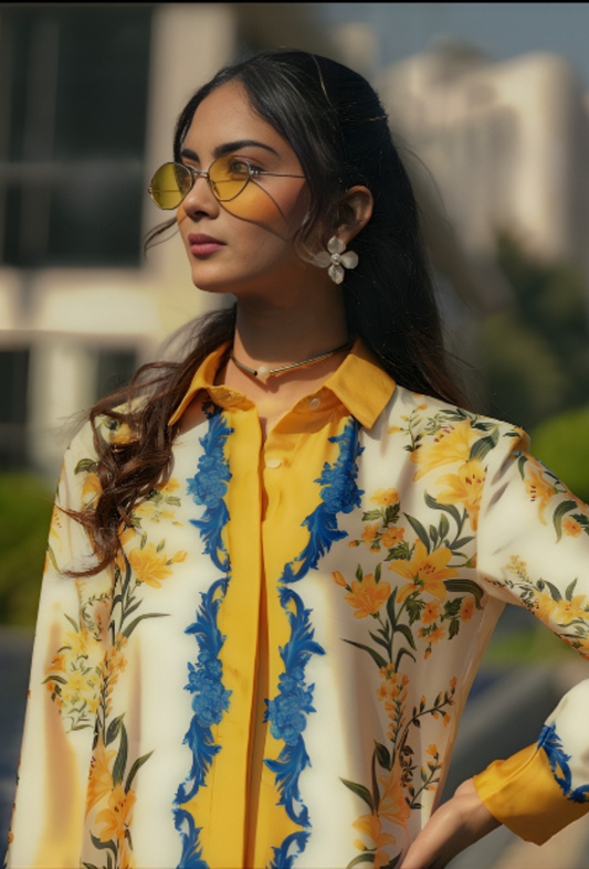 Yellow Blue Satin Co-ord Set for Women